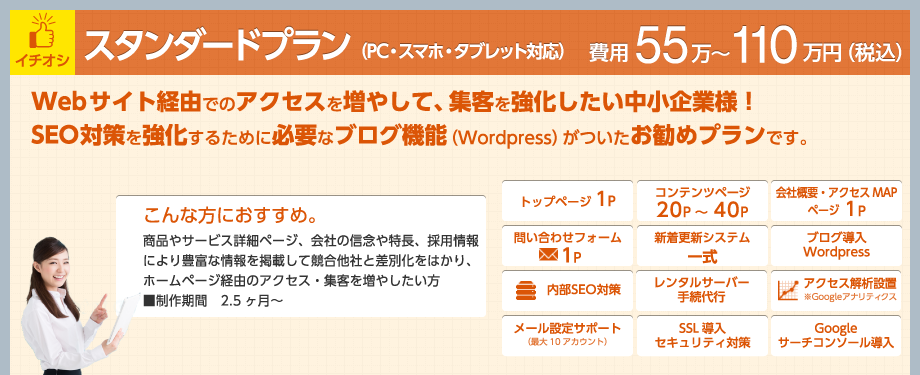 スタンダードプラン（PC・スマホ・タブレット対応）費用55万～110万円（税込）