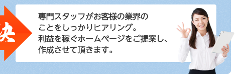 専門スタッフがお客様の業界のことをしっかりヒアリング。利益を稼ぐホームページをご提案し、作成させて頂きます。
