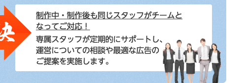 制作中・制作後も同じスタッフがチームとなってご対応！専属スタッフが定期的にサポートし、運営についての相談や最適な広告のご提案を実施します。