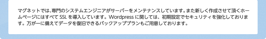 マグネットでは、専門のシステムエンジニアがサーバーをメンテナンスしています。また新しく作成させて頂くホームページにはすべてSSLを導入しています。Wordpressに関しては、初期設定でセキュリティを強化しております。万が一に備えてデータを復旧できるバックアッププランもご用意しております。