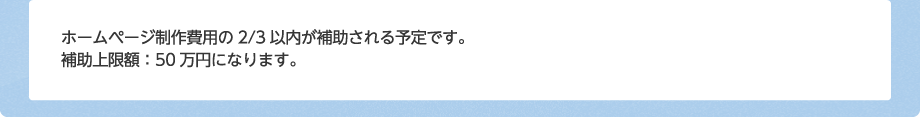 ホームページ制作費用の2/3以内が補助される予定です。補助上限額：50万円になります。