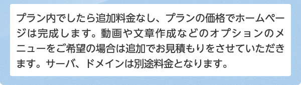 プラン内でしたら追加料金なし、プランの価格でホームページは完成します。動画や文章作成などのオプションのメニューをご希望の場合は追加でお見積もりをさせていただきます。サーバ、ドメインは別途料金となります。