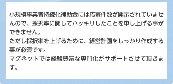 小規模事業者持続化補助金には応募件数が開示されていませんので、採択率に関してハッキリしたことを申し上げる事ができません。ただし採択率を上げるために、経営計画をしっかり作成する事が必須です。マグネットでは経験豊富な専門化がサポートさせて頂きます。